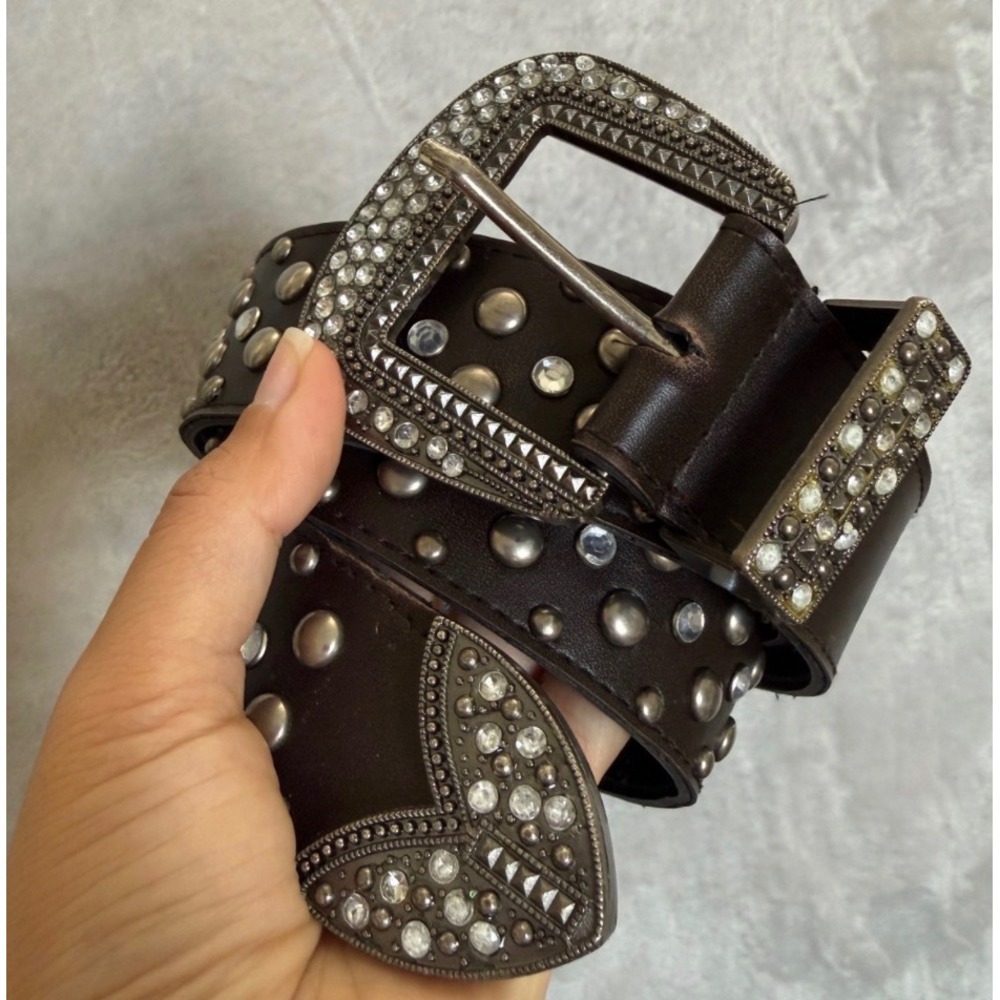 Vintage Western Studded Rhinestone Belt Brown Faux Leather Distressed Buckle 38"